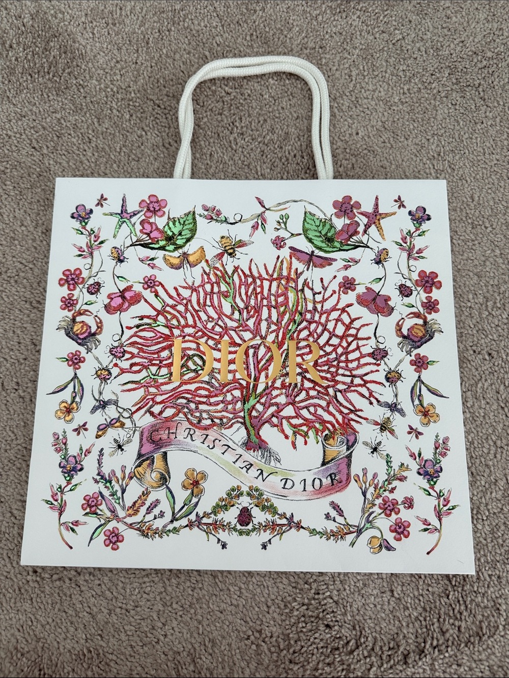 Dior White Floral Holiday Gift Bag with Gold Logo